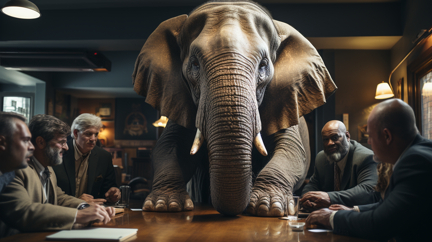 Elephant amidst a business meeting, a metaphor for addressing the 'elephant in the room' of AI in time management.
