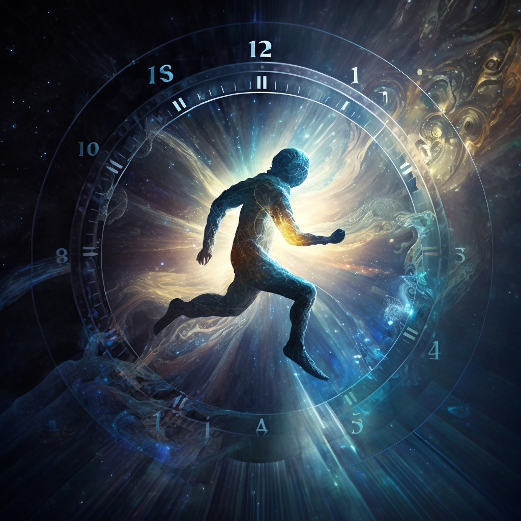Figure sprinting through cosmic clock, representing mastery over time with AI-enhanced productivity.