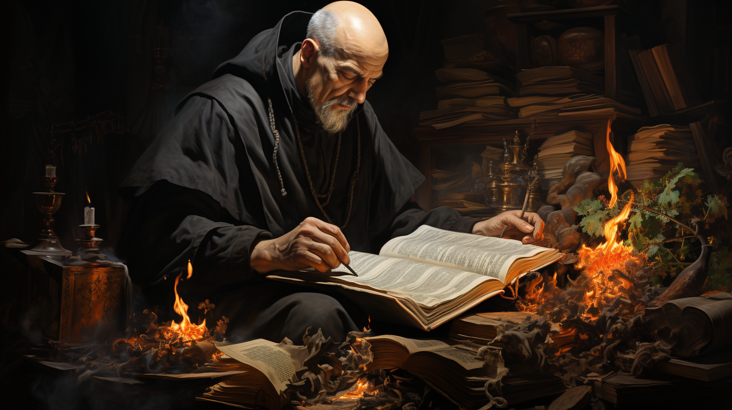 Monk studying ancient texts with alchemical flames, symbolizing the fusion of tradition and AI support.