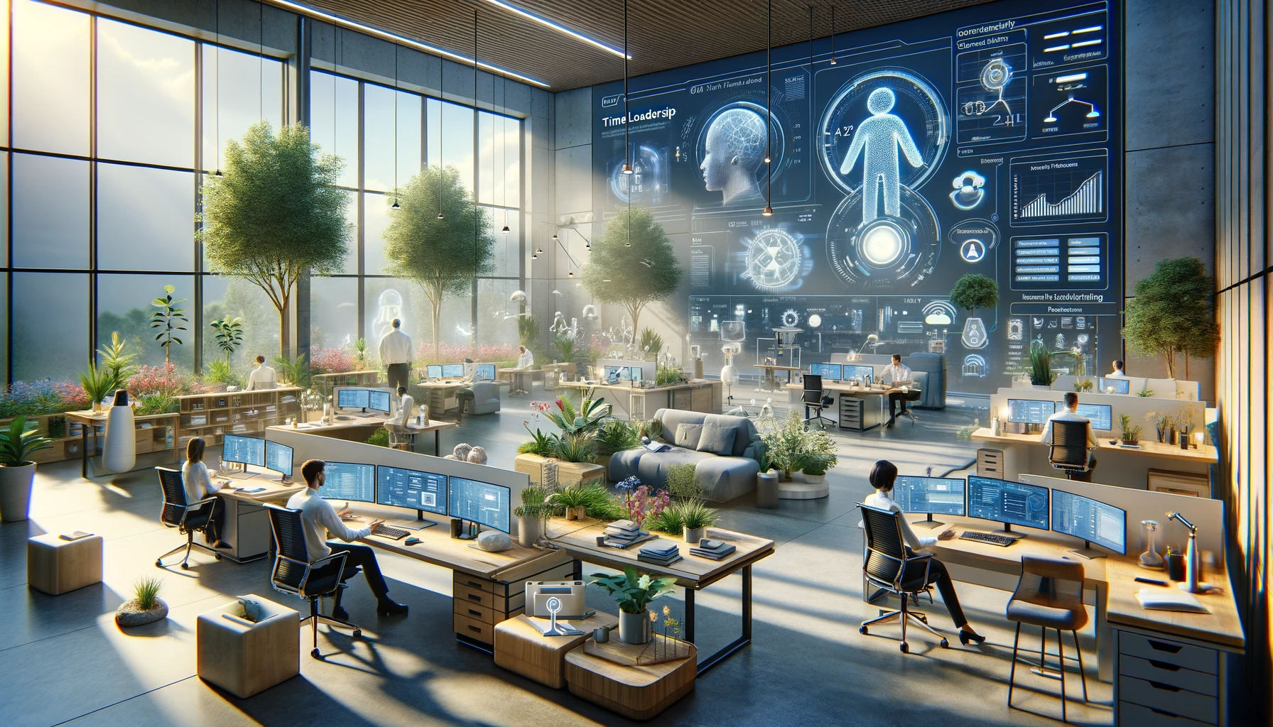 Lush office space with AI analytics displays, showcasing a future of work where nature meets advanced technology.