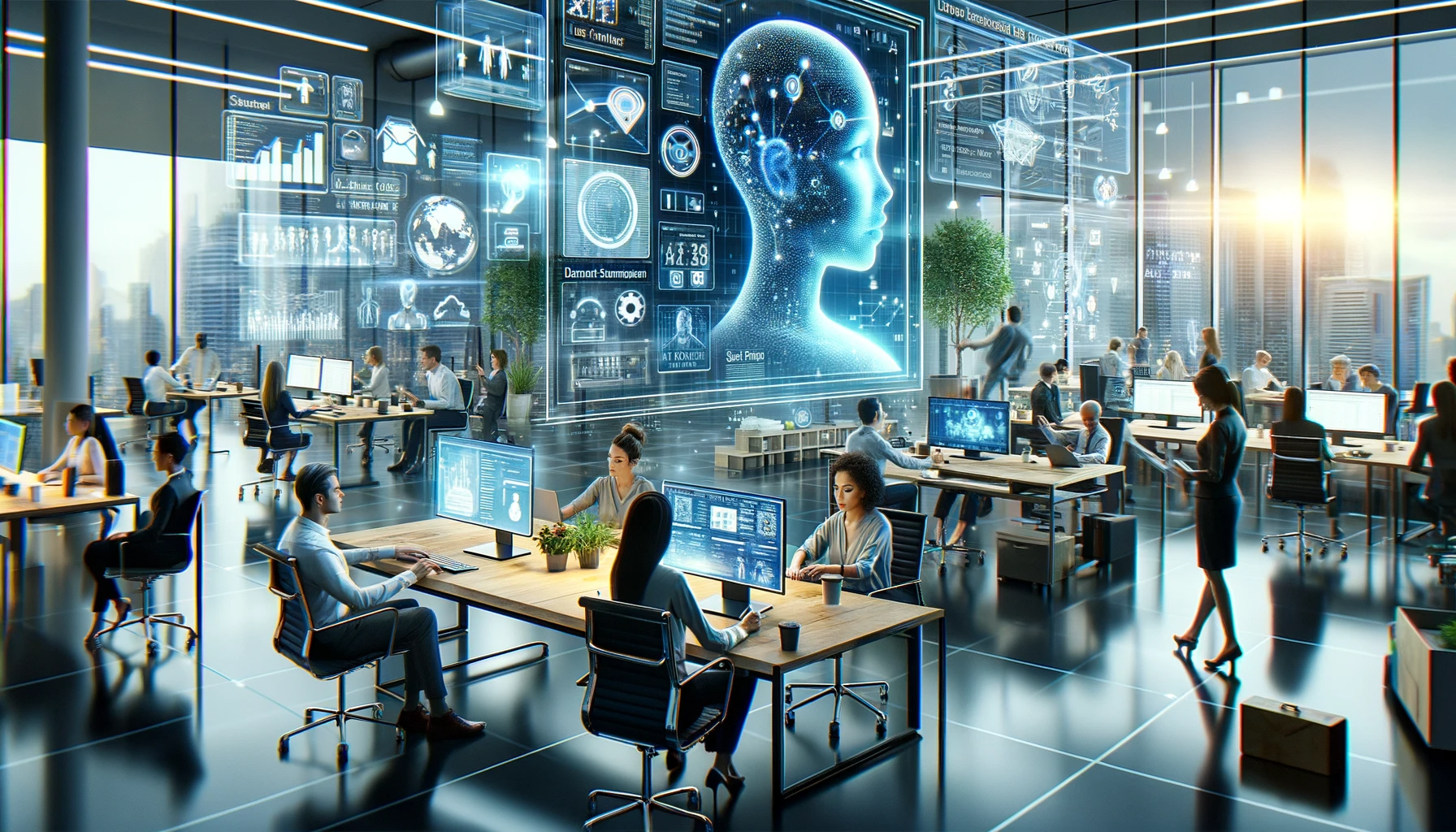 High-tech office with AI brain interface hologram, visualizing advanced AI integration in workplace efficiency.