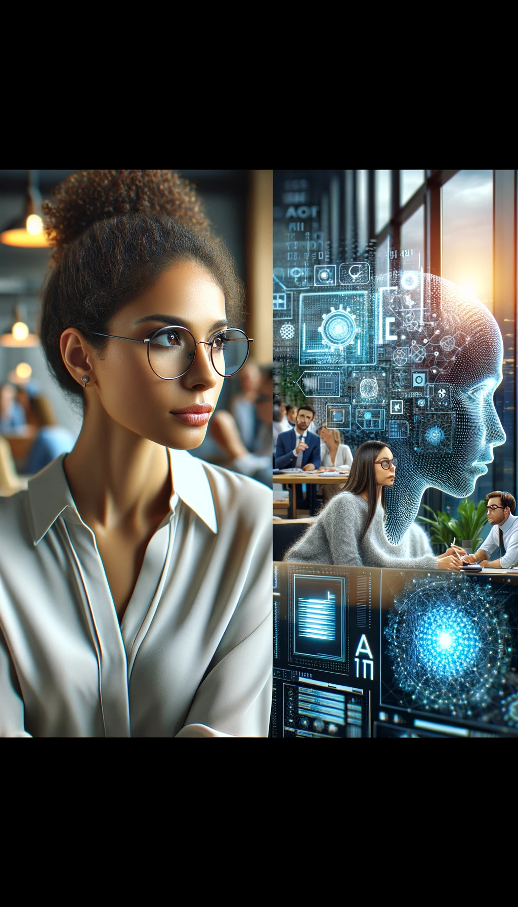 Focused professional with a backdrop of AI neural networks, reflecting strategic thinking in the digital age.