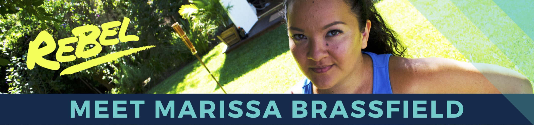 Banner with 'REBEL' and 'Meet Marissa Brassfield', depicting a confident innovator in productivity and AI.