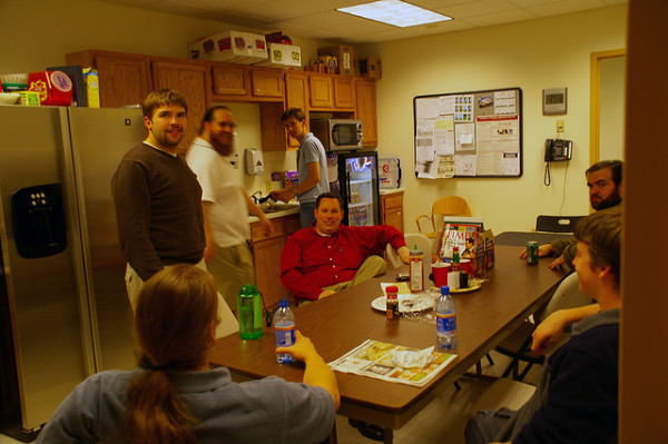 cyberloaf monday employees in break room