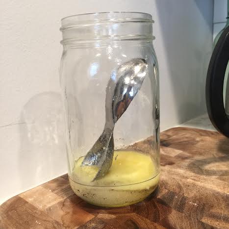 Vanillamax powder, MCT oil and ghee. I leave the spoon in there so that as I pour the coffee into the jar, it melts the remaining ghee off the spoon for easier cleaning.