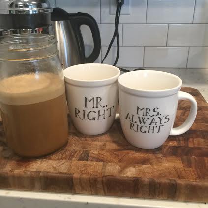 On the left, the finished, blended and frothed coffee. I’ll top this off with the remaining coffee, give it one final blend and then pour it into the cups.