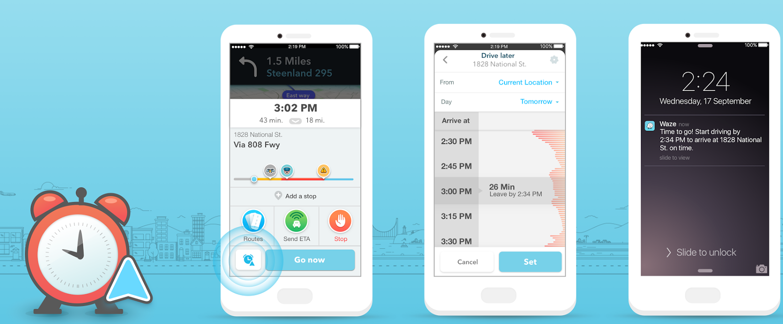 Waze ETA Panel Screen, Waze Planned Drives Screen, Waze Planned Drive AlertPhoto credit: Waze