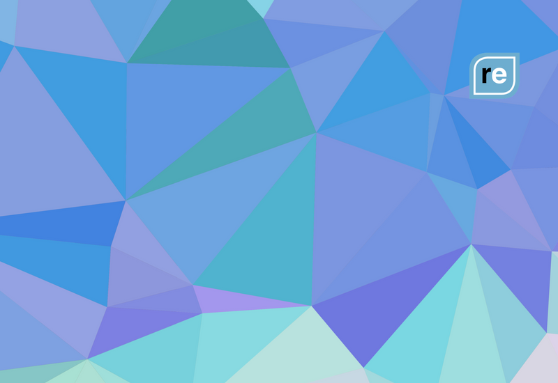 Abstract polygonal design in blue shades with a productivity app icon in the corner.