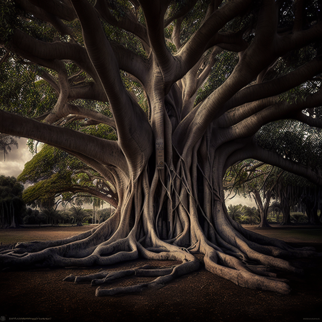 Tree with binary roots and glowing leaves, representing AI ethics and efficiency in enhancing summarization techniques.