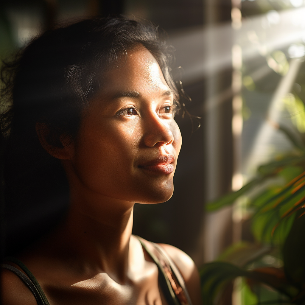 A contemplative woman basks in sunbeams filtering through blinds, evoking mindfulness and serenity.