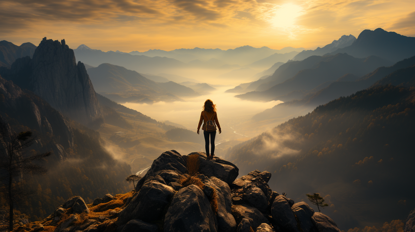 Woman gazing at horizon with clock overlay, symbolizing visionary time management and AI-driven leadership potential.