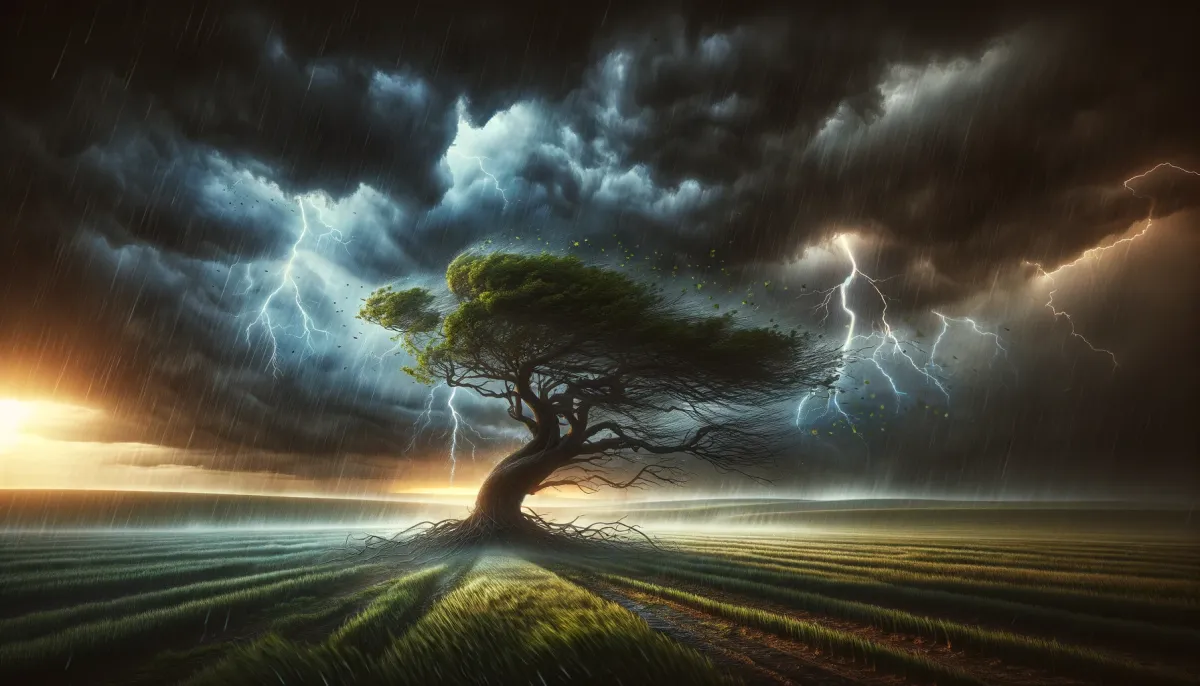 Solitary tree stands firm against a storm, a metaphor for resilience in the evolving AI era.